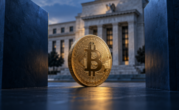 Goldene Bitcoin-Münze zwischen zwei dunkelblauen Wänden vor einem Gebäude im Stil der US-Notenbank.
