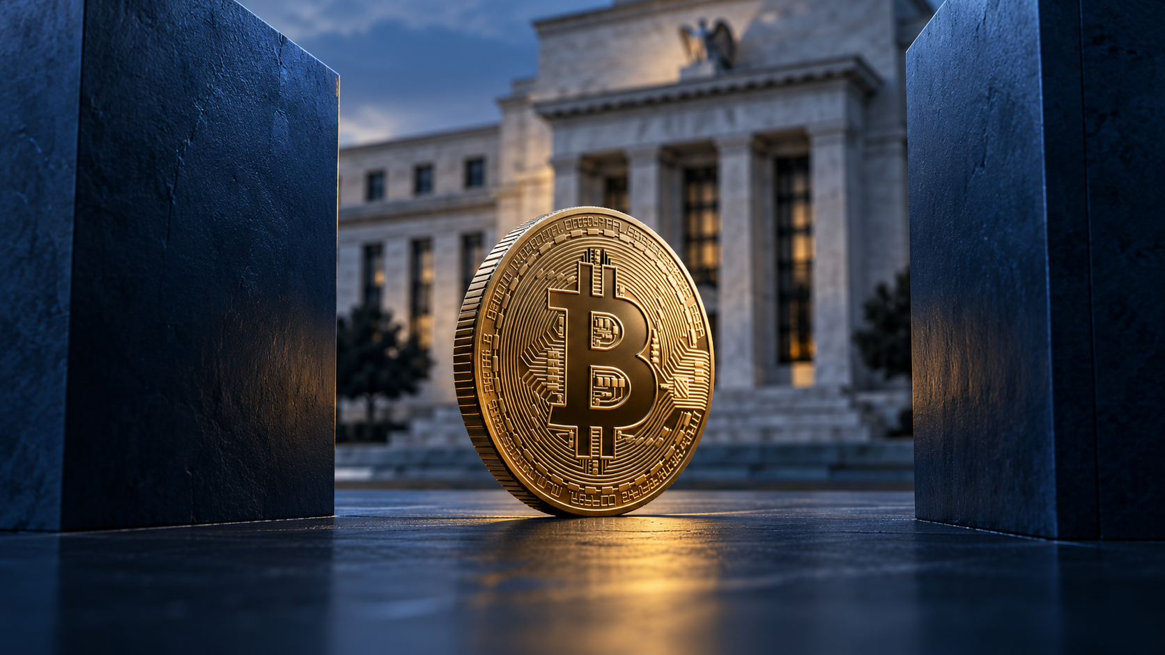 Goldene Bitcoin-Münze zwischen zwei dunkelblauen Wänden vor einem Gebäude im Stil der US-Notenbank.