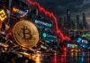 Bitcoin nach Krypto-Börsen-Hacks: Logos von Binance, Mt. Gox, Bitfinex, Coincheck, FTX und Bybit mit fallendem Bitcoin-Kurs und anschließender Erholung
