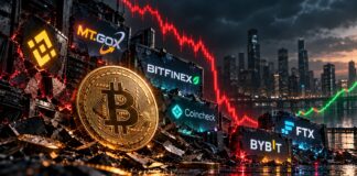 Bericht: Bitcoin erreichte nach Börsen-Hacks immer neue Allzeithochs – Wiederholt sich die Geschichte? Bitcoin nach Krypto-Börsen-Hacks: Logos von Binance, Mt. Gox, Bitfinex, Coincheck, FTX und Bybit mit fallendem Bitcoin-Kurs und anschließender Erholung