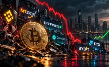 Bericht: Bitcoin erreichte nach Börsen-Hacks immer neue Allzeithochs – Wiederholt sich die Geschichte? Bitcoin nach Krypto-Börsen-Hacks: Logos von Binance, Mt. Gox, Bitfinex, Coincheck, FTX und Bybit mit fallendem Bitcoin-Kurs und anschließender Erholung
