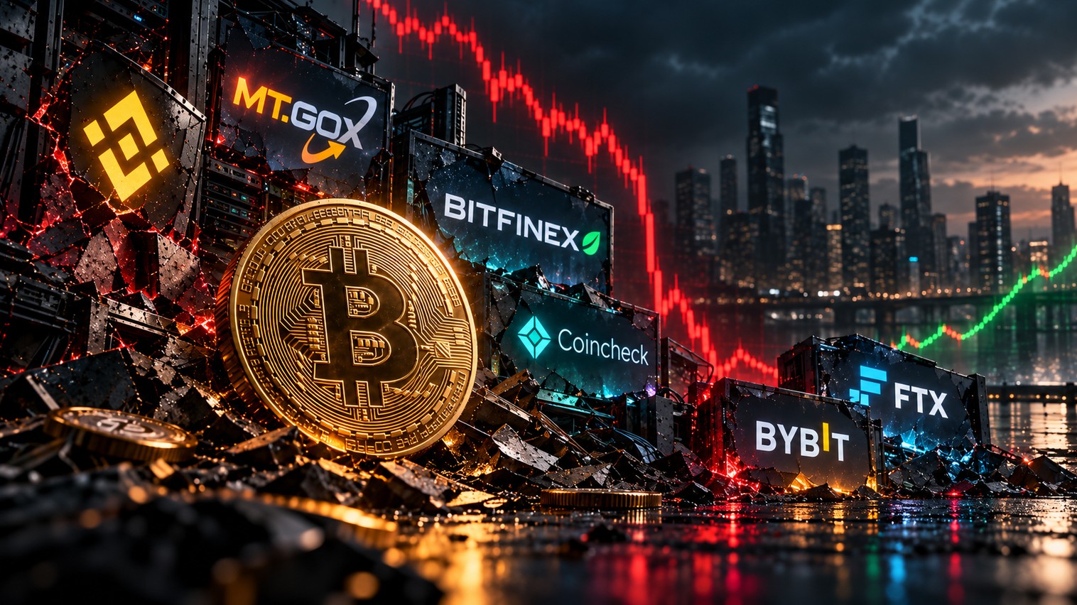 Bitcoin nach Krypto-Börsen-Hacks: Logos von Binance, Mt. Gox, Bitfinex, Coincheck, FTX und Bybit mit fallendem Bitcoin-Kurs und anschließender Erholung