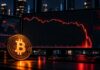Bitcoin-Logo vor einem Trading-Monitor mit stark fallendem Kurschart während eines nächtlichen Krypto-Abverkaufs.