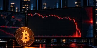 Bitcoin-Logo vor einem Trading-Monitor mit stark fallendem Kurschart während eines nächtlichen Krypto-Abverkaufs.