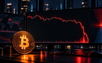 Bitcoin-Logo vor einem Trading-Monitor mit stark fallendem Kurschart während eines nächtlichen Krypto-Abverkaufs.