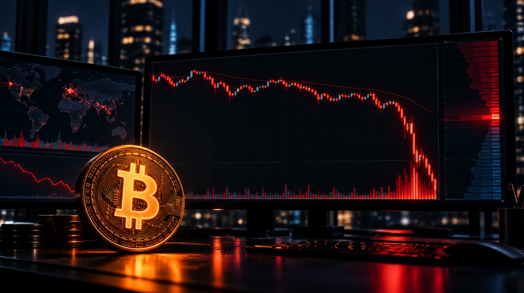 Bitcoin-Logo vor einem Trading-Monitor mit stark fallendem Kurschart während eines nächtlichen Krypto-Abverkaufs.