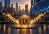 Bitcoin-ETF-Investments: Goldene Bitcoin-Münze mit Kapitalzuflüssen aus zwei Aktienfonds vor der Skyline der Wall Street