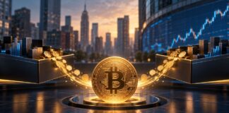 Bitcoin-ETF-Investments: Goldene Bitcoin-Münze mit Kapitalzuflüssen aus zwei Aktienfonds vor der Skyline der Wall Street