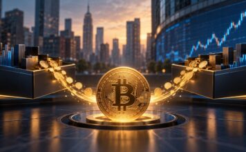 Bitcoin-ETF-Investments: Goldene Bitcoin-Münze mit Kapitalzuflüssen aus zwei Aktienfonds vor der Skyline der Wall Street
