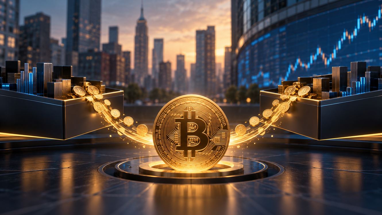 Bitcoin-ETF-Investments: Goldene Bitcoin-Münze mit Kapitalzuflüssen aus zwei Aktienfonds vor der Skyline der Wall Street