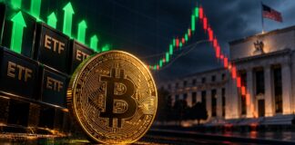 Bitcoin vor US-Flaggen und Börsenchart: Trotz starker Zuflüsse in US-Spot-Bitcoin-ETFs fällt der BTC-Kurs nach einem kurzen Anstieg wieder zurück.