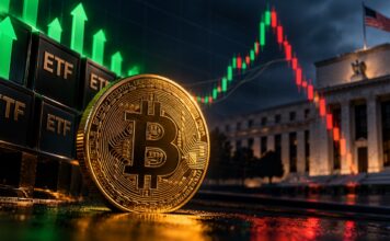 Bitcoin ETFs ziehen eine Milliarde in 3 Tagen an: Warum fällt der BTC-Kurs? Bitcoin vor US-Flaggen und Börsenchart: Trotz starker Zuflüsse in US-Spot-Bitcoin-ETFs fällt der BTC-Kurs nach einem kurzen Anstieg wieder zurück.