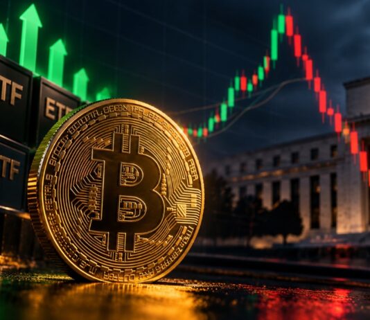 Bitcoin vor US-Flaggen und Börsenchart: Trotz starker Zuflüsse in US-Spot-Bitcoin-ETFs fällt der BTC-Kurs nach einem kurzen Anstieg wieder zurück.