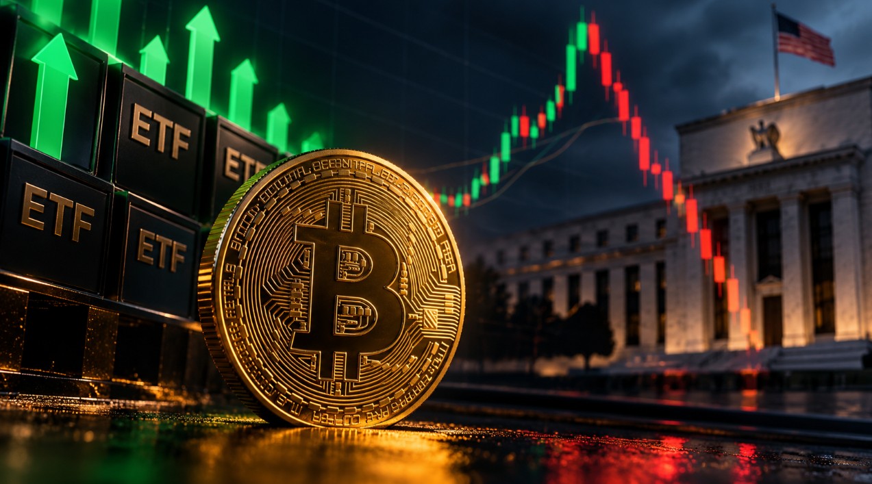 Bitcoin vor US-Flaggen und Börsenchart: Trotz starker Zuflüsse in US-Spot-Bitcoin-ETFs fällt der BTC-Kurs nach einem kurzen Anstieg wieder zurück.