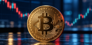 Bitcoin zurück über 82.000 Dollar: Warum Analysten der Erholung misstrauen Goldene Bitcoin-Münze vor einem unscharfen Kurschart mit roten und grünen Kerzen auf dunkelblauem Hintergrund.