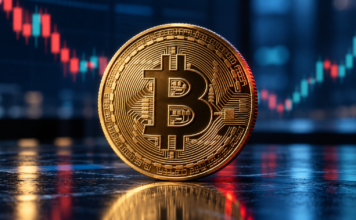 Bitcoin zurück über 82.000 Dollar: Warum Analysten der Erholung misstrauen Goldene Bitcoin-Münze vor einem unscharfen Kurschart mit roten und grünen Kerzen auf dunkelblauem Hintergrund.