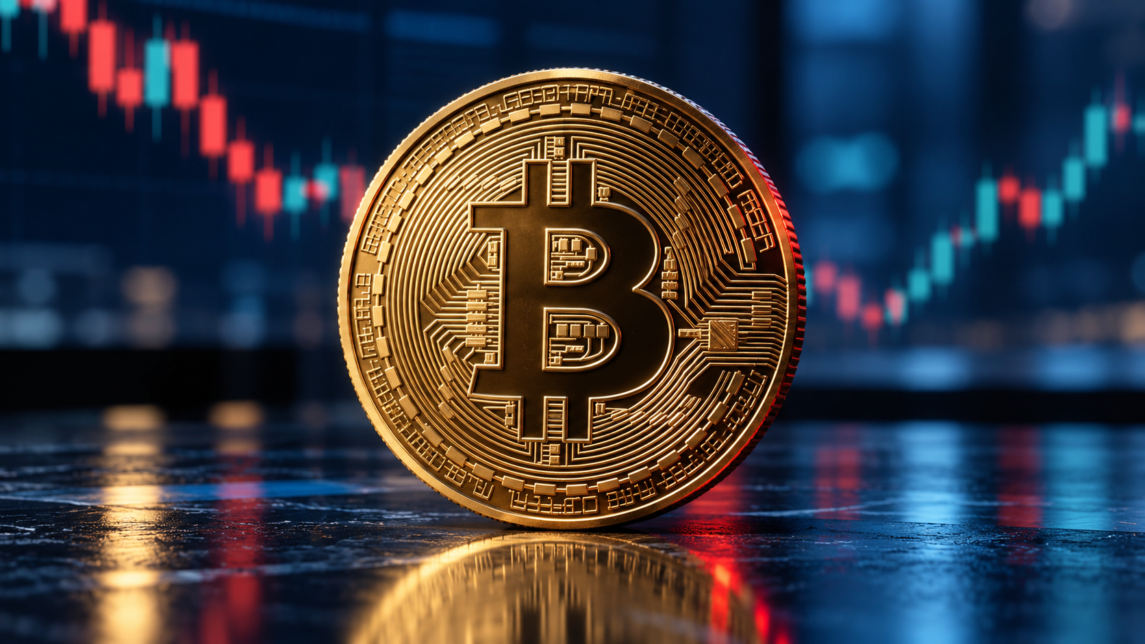 Goldene Bitcoin-Münze vor einem unscharfen Kurschart mit roten und grünen Kerzen auf dunkelblauem Hintergrund.