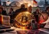 Krypto-Haltefrist: Abschaffung vorerst vertagt – Rettung für Bitcoin-Investoren? Symbolbild zur möglichen Abschaffung der einjährigen Krypto-Haltefrist in Deutschland: Ein gefesselter Bitcoin vor dem Reichstag, umgeben von Akten, Uhr und Politikern als Zeichen für Verzögerung und Unsicherheit bei der Bitcoin-Besteuerung.