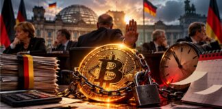 Krypto-Haltefrist: Abschaffung vorerst vertagt – Rettung für Bitcoin-Investoren? Symbolbild zur möglichen Abschaffung der einjährigen Krypto-Haltefrist in Deutschland: Ein gefesselter Bitcoin vor dem Reichstag, umgeben von Akten, Uhr und Politikern als Zeichen für Verzögerung und Unsicherheit bei der Bitcoin-Besteuerung.