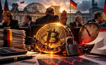 Krypto-Haltefrist: Abschaffung vorerst vertagt – Rettung für Bitcoin-Investoren? Symbolbild zur möglichen Abschaffung der einjährigen Krypto-Haltefrist in Deutschland: Ein gefesselter Bitcoin vor dem Reichstag, umgeben von Akten, Uhr und Politikern als Zeichen für Verzögerung und Unsicherheit bei der Bitcoin-Besteuerung.