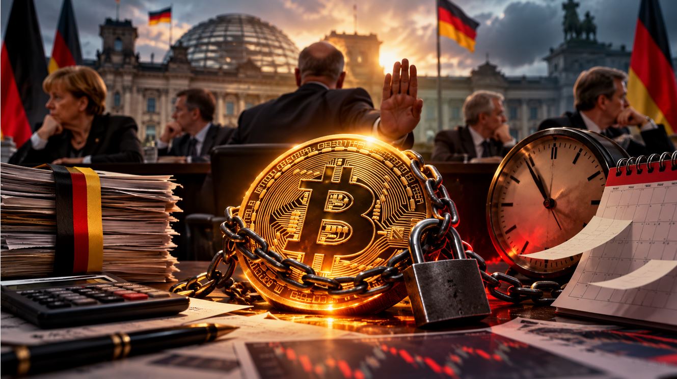 Symbolbild zur möglichen Abschaffung der einjährigen Krypto-Haltefrist in Deutschland: Ein gefesselter Bitcoin vor dem Reichstag, umgeben von Akten, Uhr und Politikern als Zeichen für Verzögerung und Unsicherheit bei der Bitcoin-Besteuerung.