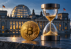 Krypto-Haltefrist: CDU warnt vor Nachteilen für Langzeitanleger Goldene Bitcoin-Münze und Sanduhr vor dem Berliner Reichstagsgebäude.