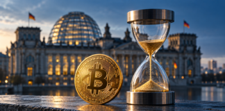 Goldene Bitcoin-Münze und Sanduhr vor dem Berliner Reichstagsgebäude.