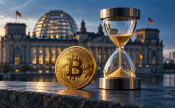 Goldene Bitcoin-Münze und Sanduhr vor dem Berliner Reichstagsgebäude.