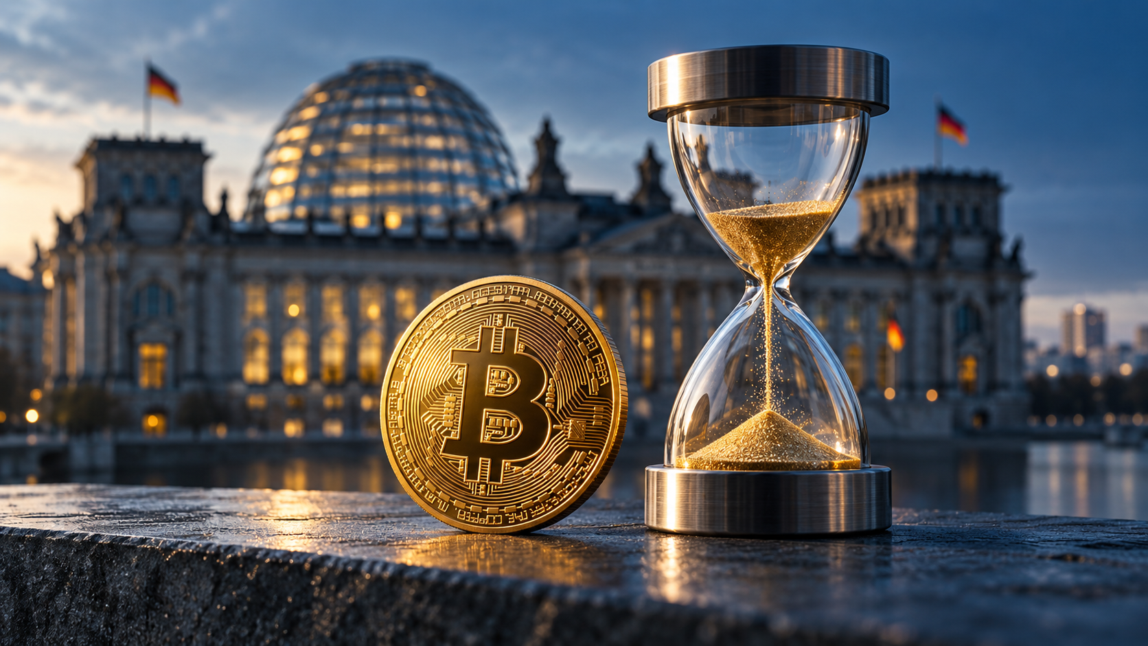 Goldene Bitcoin-Münze und Sanduhr vor dem Berliner Reichstagsgebäude.