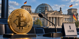 Bitcoin-Münze, Mikrofon und Kalender mit „1 Jahr“ vor dem Reichstagsgebäude.