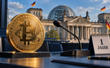 Bitcoin-Münze, Mikrofon und Kalender mit „1 Jahr“ vor dem Reichstagsgebäude.
