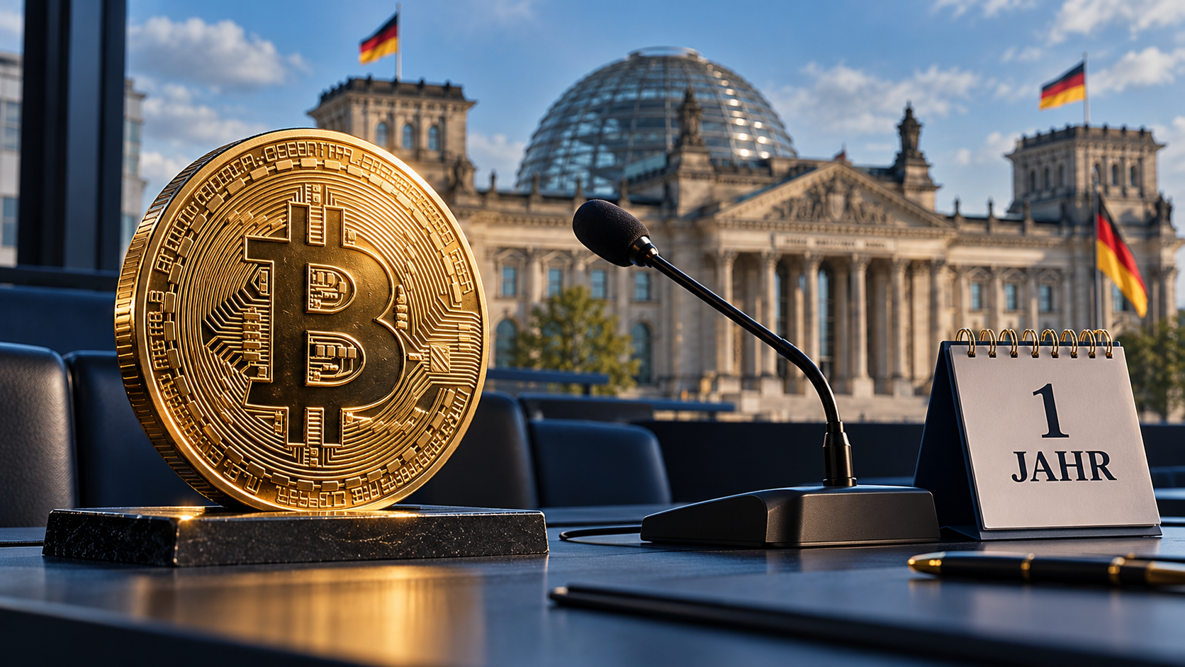 Bitcoin-Münze, Mikrofon und Kalender mit „1 Jahr“ vor dem Reichstagsgebäude.