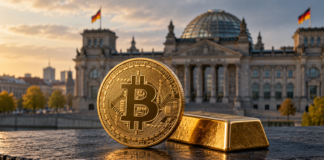 Krypto-Haltefrist: CDU-Mann Bareiß macht Anlegern Hoffnung – Kein Anlass für Änderung Goldene Bitcoin-Münze neben einem Goldbarren vor dem Reichstagsgebäude in Berlin.