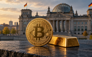 Goldene Bitcoin-Münze neben einem Goldbarren vor dem Reichstagsgebäude in Berlin.