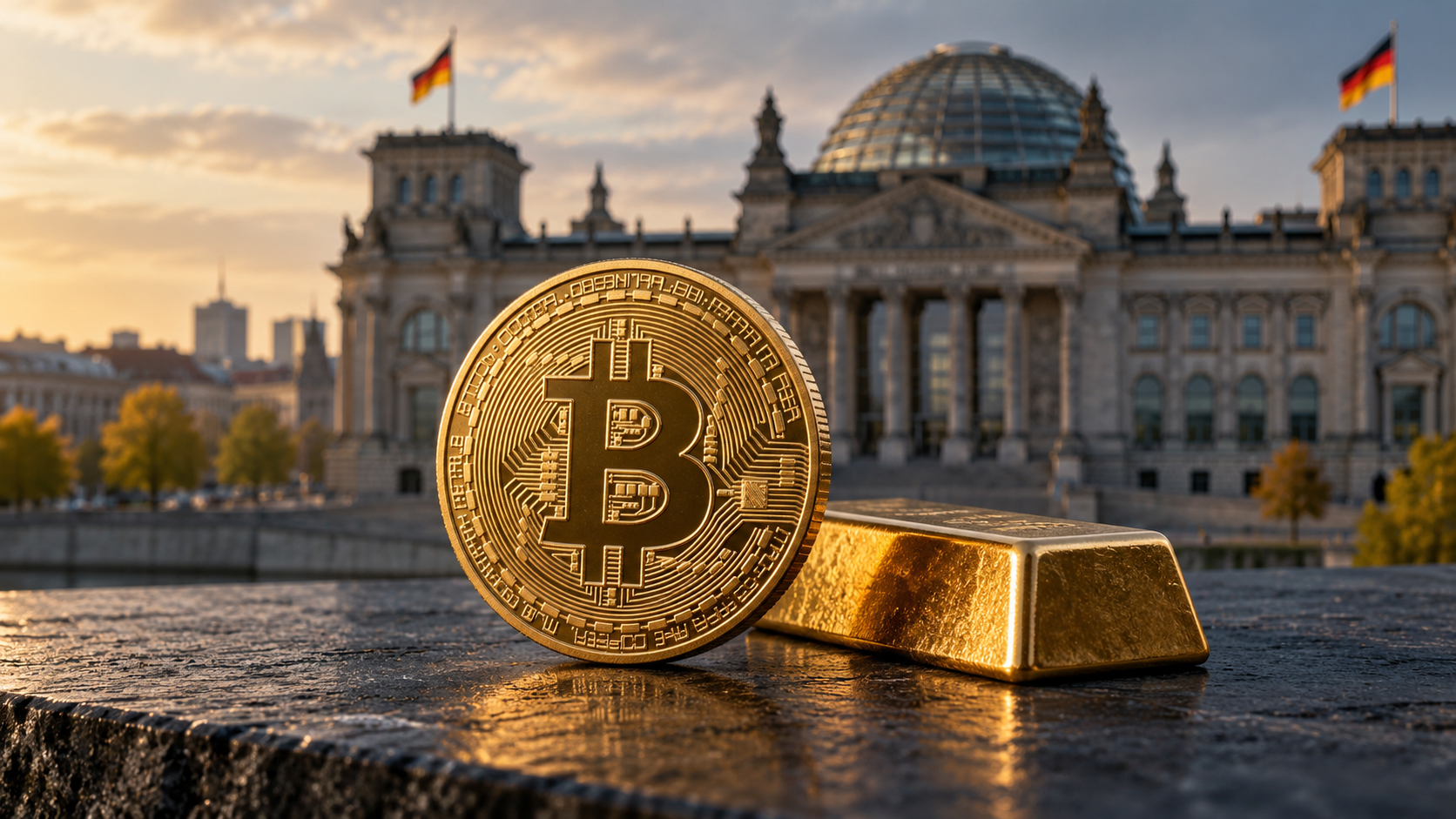 Goldene Bitcoin-Münze neben einem Goldbarren vor dem Reichstagsgebäude in Berlin.
