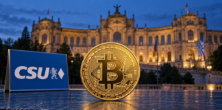Goldene Bitcoin-Münze neben einem CSU-Logo vor dem beleuchteten Maximilianeum in München.