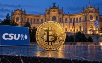 Goldene Bitcoin-Münze neben einem CSU-Logo vor dem beleuchteten Maximilianeum in München.