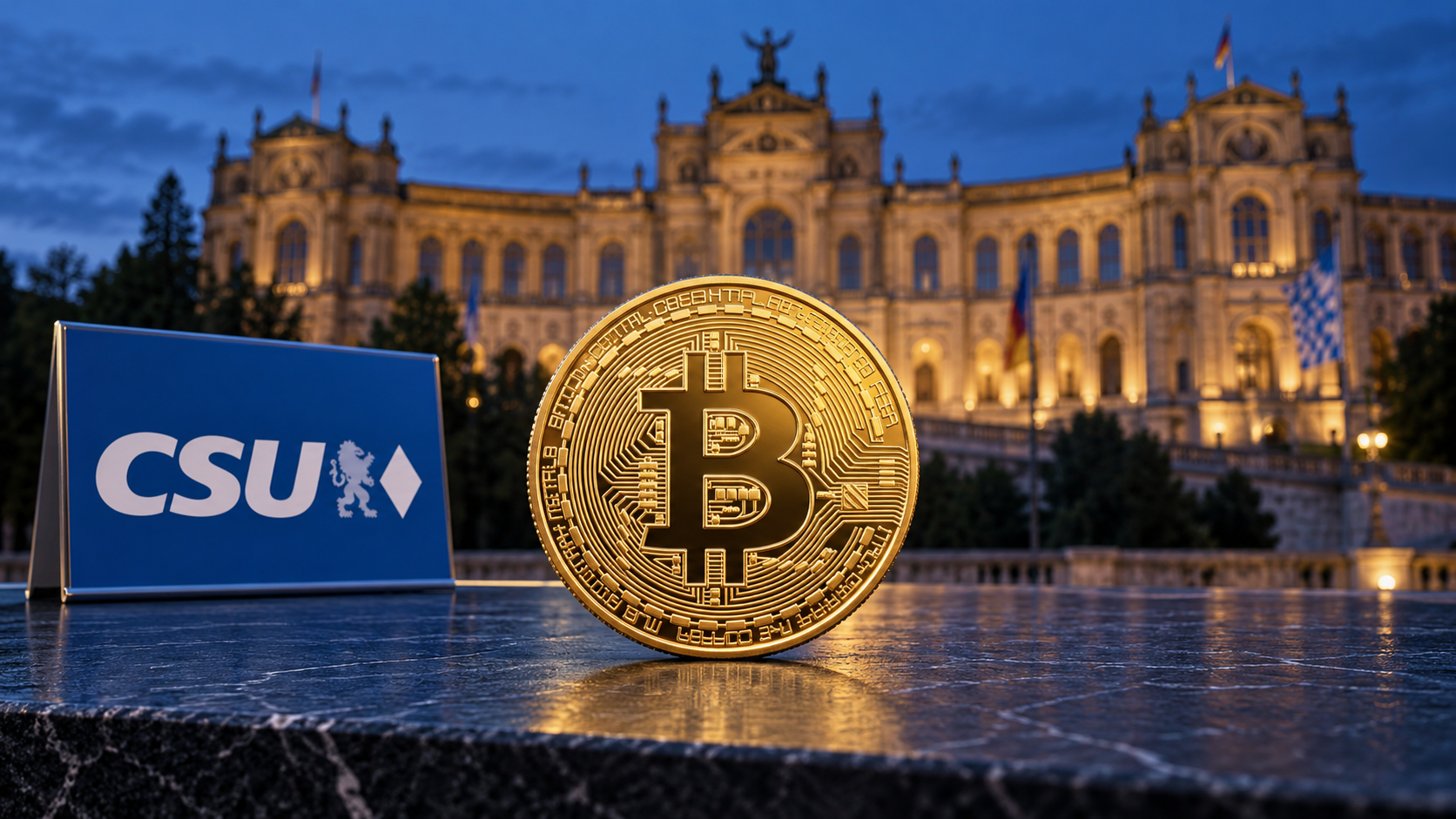 Goldene Bitcoin-Münze neben einem CSU-Logo vor dem beleuchteten Maximilianeum in München.