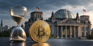 Krypto-Haltefrist: CDU-Mann Güntzler nimmt Klingbeils Steuerpläne auseinander Goldene Bitcoin-Münze neben einer Sanduhr vor dem Reichstagsgebäude in Berlin.