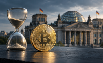 Krypto-Haltefrist: CDU-Mann Güntzler nimmt Klingbeils Steuerpläne auseinander Goldene Bitcoin-Münze neben einer Sanduhr vor dem Reichstagsgebäude in Berlin.
