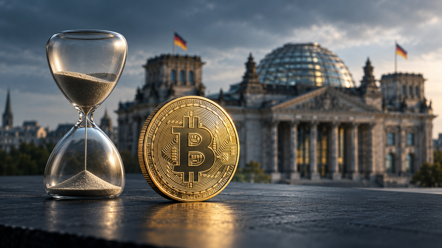Goldene Bitcoin-Münze neben einer Sanduhr vor dem Reichstagsgebäude in Berlin.