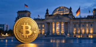Goldene Bitcoin-Münze vor dem Reichstagsgebäude in Berlin als Symbolbild zur Debatte über die Krypto-Haltefrist.