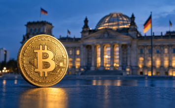Goldene Bitcoin-Münze vor dem Reichstagsgebäude in Berlin als Symbolbild zur Debatte über die Krypto-Haltefrist.