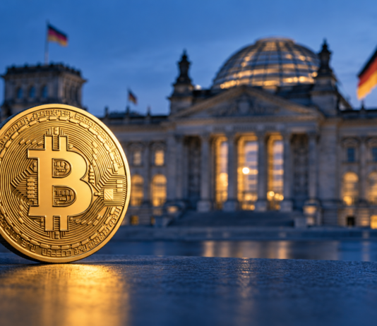 Goldene Bitcoin-Münze vor dem Reichstagsgebäude in Berlin als Symbolbild zur Debatte über die Krypto-Haltefrist.
