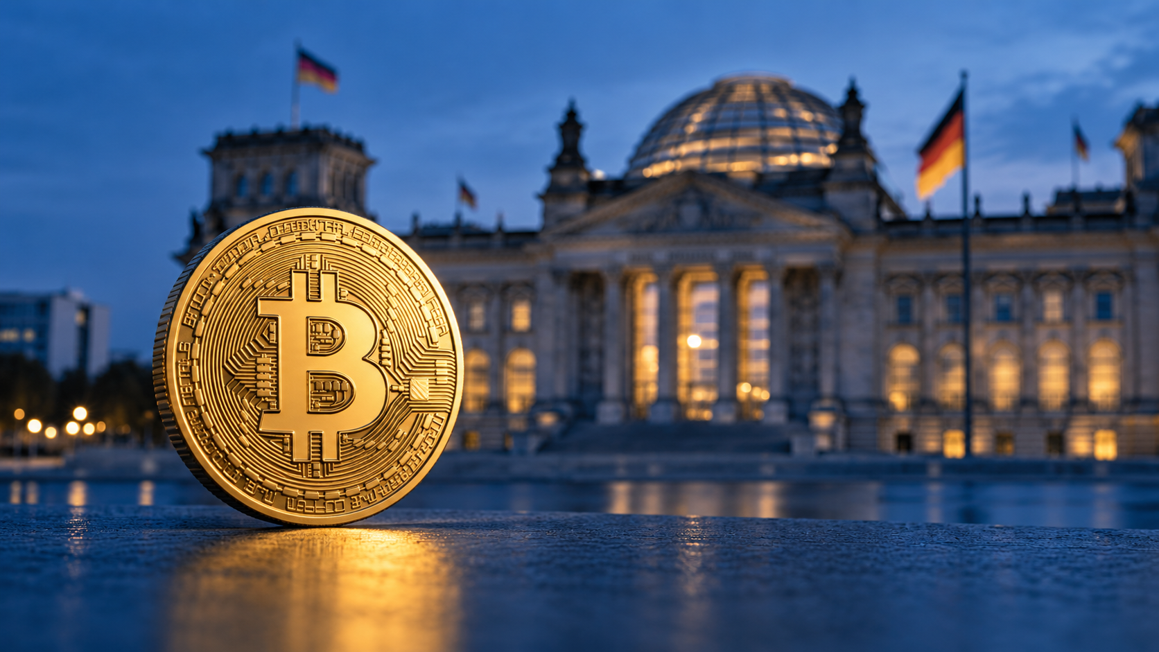Goldene Bitcoin-Münze vor dem Reichstagsgebäude in Berlin als Symbolbild zur Debatte über die Krypto-Haltefrist.