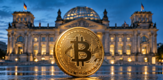 Bitcoin-Steuer: CSU-Abgeordneter verteidigt Haltefrist nach Gesprächen in der Union Goldene Bitcoin-Münze vor dem beleuchteten Reichstagsgebäude in Berlin.