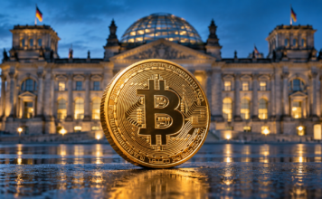 Bitcoin-Steuer: CSU-Abgeordneter verteidigt Haltefrist nach Gesprächen in der Union Goldene Bitcoin-Münze vor dem beleuchteten Reichstagsgebäude in Berlin.