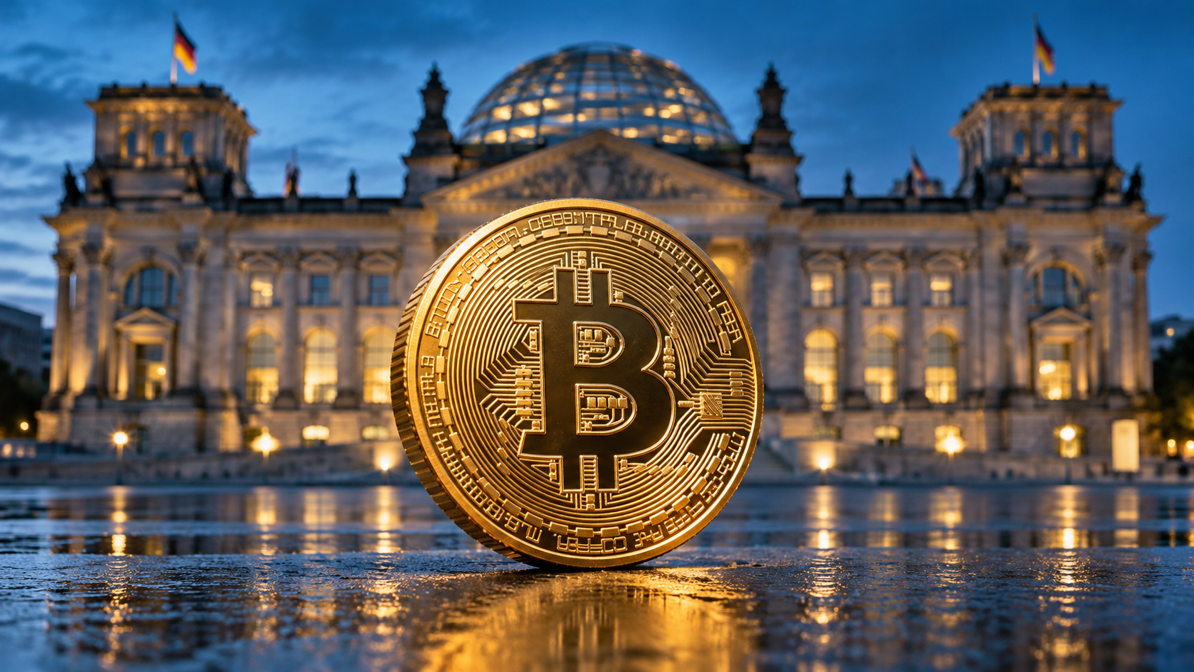 Goldene Bitcoin-Münze vor dem beleuchteten Reichstagsgebäude in Berlin.