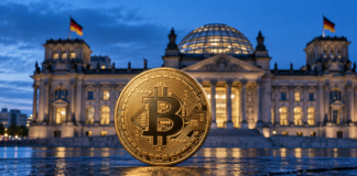 Goldene Bitcoin-Münze vor dem beleuchteten Reichstagsgebäude in Berlin zur blauen Stunde.