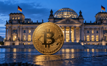 Goldene Bitcoin-Münze vor dem beleuchteten Reichstagsgebäude in Berlin zur blauen Stunde.